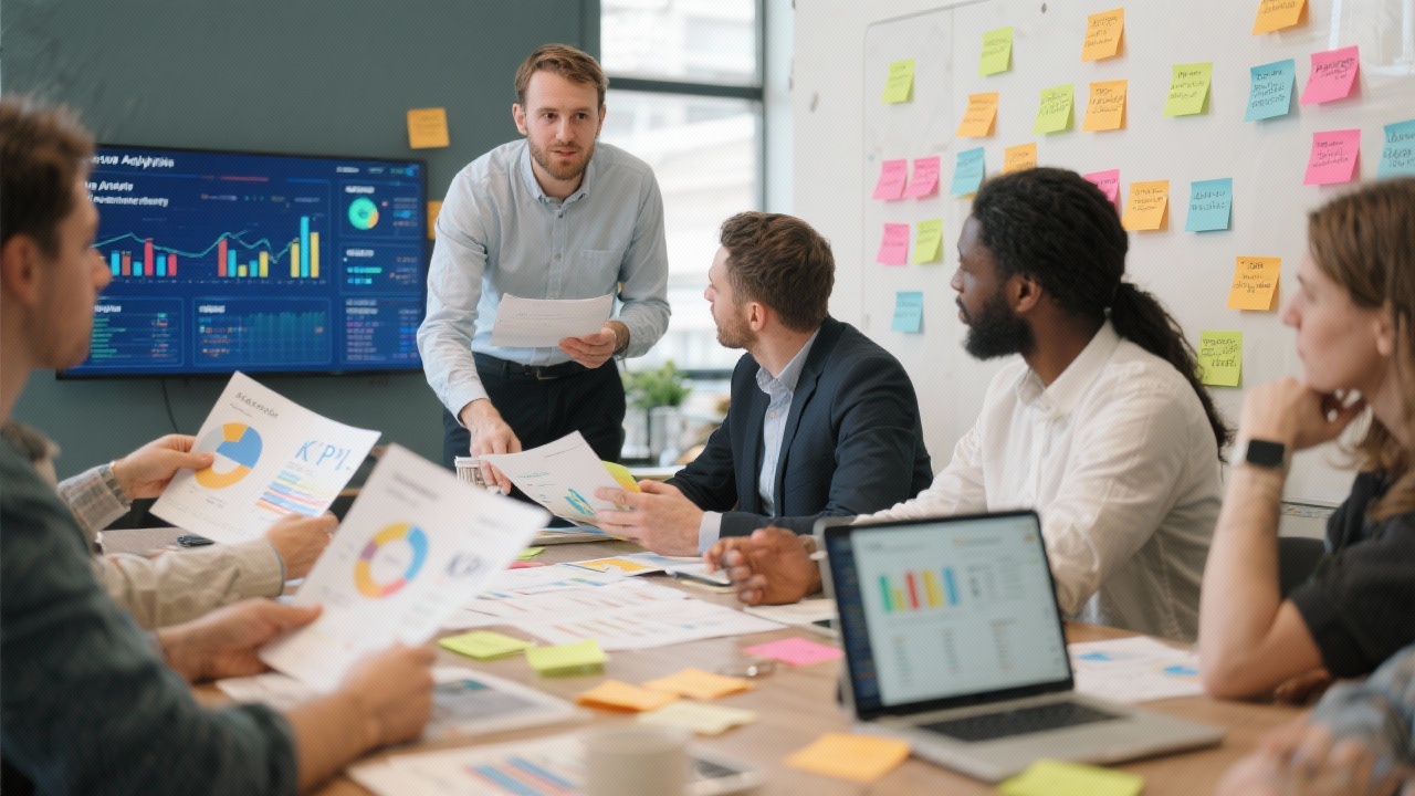 Analytics consultant facilitating workshop participants analyzing printed KPI summaries, sticky notes, and digital dashboards to co-create measurement frameworks tailored for local entrepreneurial growth objectives.