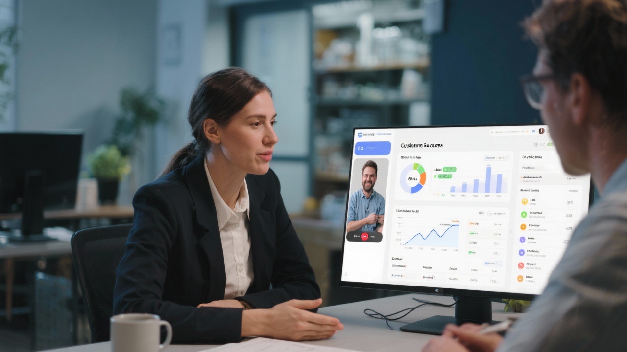 Customer success specialist speaking with small business owner via video call while sharing CRM analytics, follow-up tasks, and service-level updates through a collaborative workspace software interface.