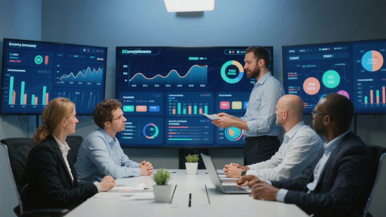 Small business leadership team evaluating interactive dashboard widgets, financial trends, and sales performance indicators together in a conference room illuminated by digital displays showing real-time operational analytics.