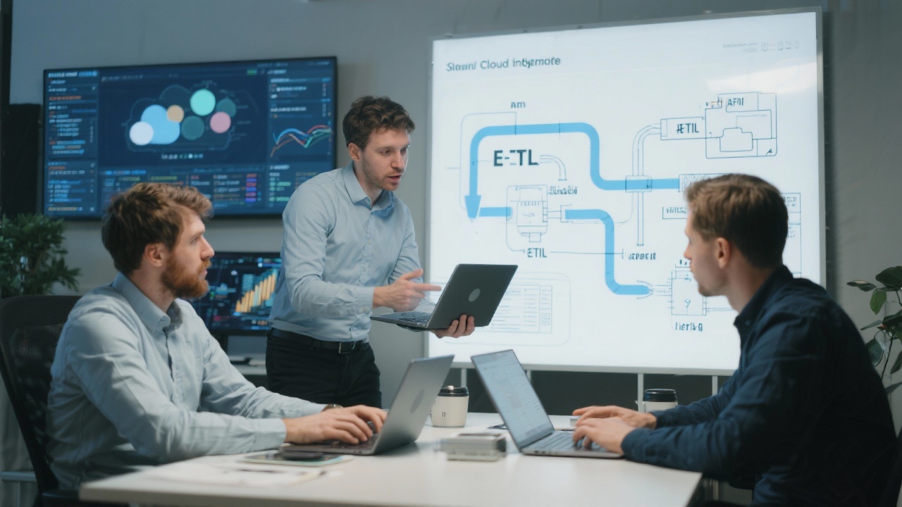 Data engineers configuring API connectors and ETL pipelines on laptops while discussing integration architecture diagrams in a collaborative workspace dedicated to secure cloud data synchronization for small business intelligence.