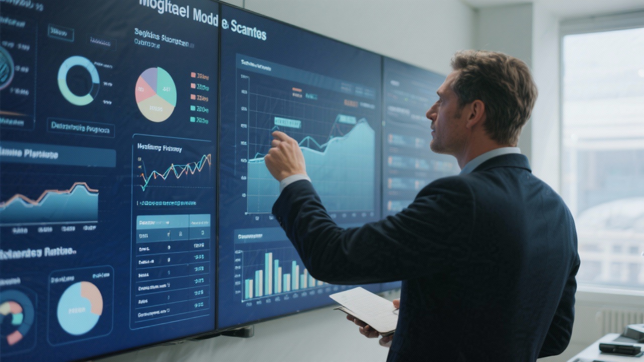 Executive reviewing predictive modelling scenarios, scenario planning matrices, and profitability forecasts on a large display wall to refine decision support strategies for upcoming business cycles.