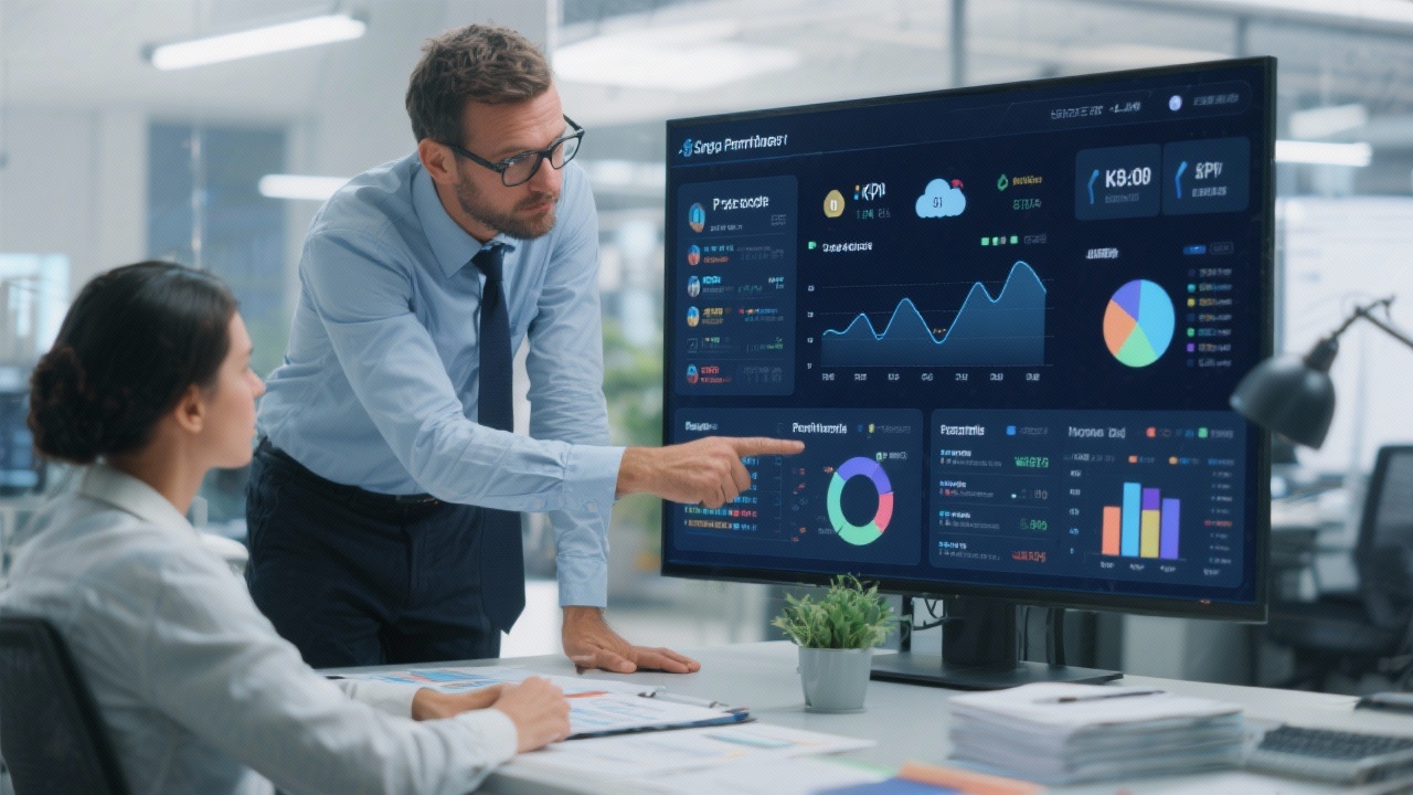 Business analysts reviewing a multi-layered financial performance dashboard with charts, KPI indicators, collaboration widgets, and cloud-based insights in a modern office to support data-driven decisions.