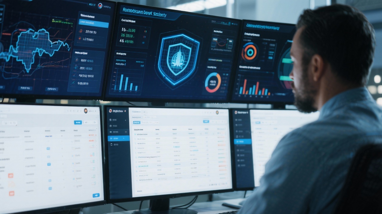 Information security specialist monitoring threat detection dashboards, compliance checklists, and access control metrics across multiple screens to ensure resilient data governance and privacy protection for regional enterprises.