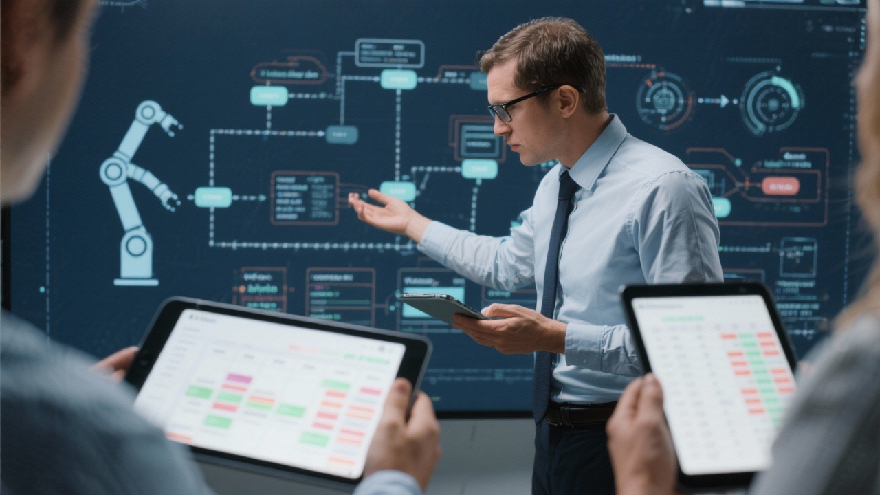 Project manager overseeing automated workflow diagrams, robotic process automation triggers, and notification schedules displayed on tablet devices to streamline reporting cycles for lean business management teams.